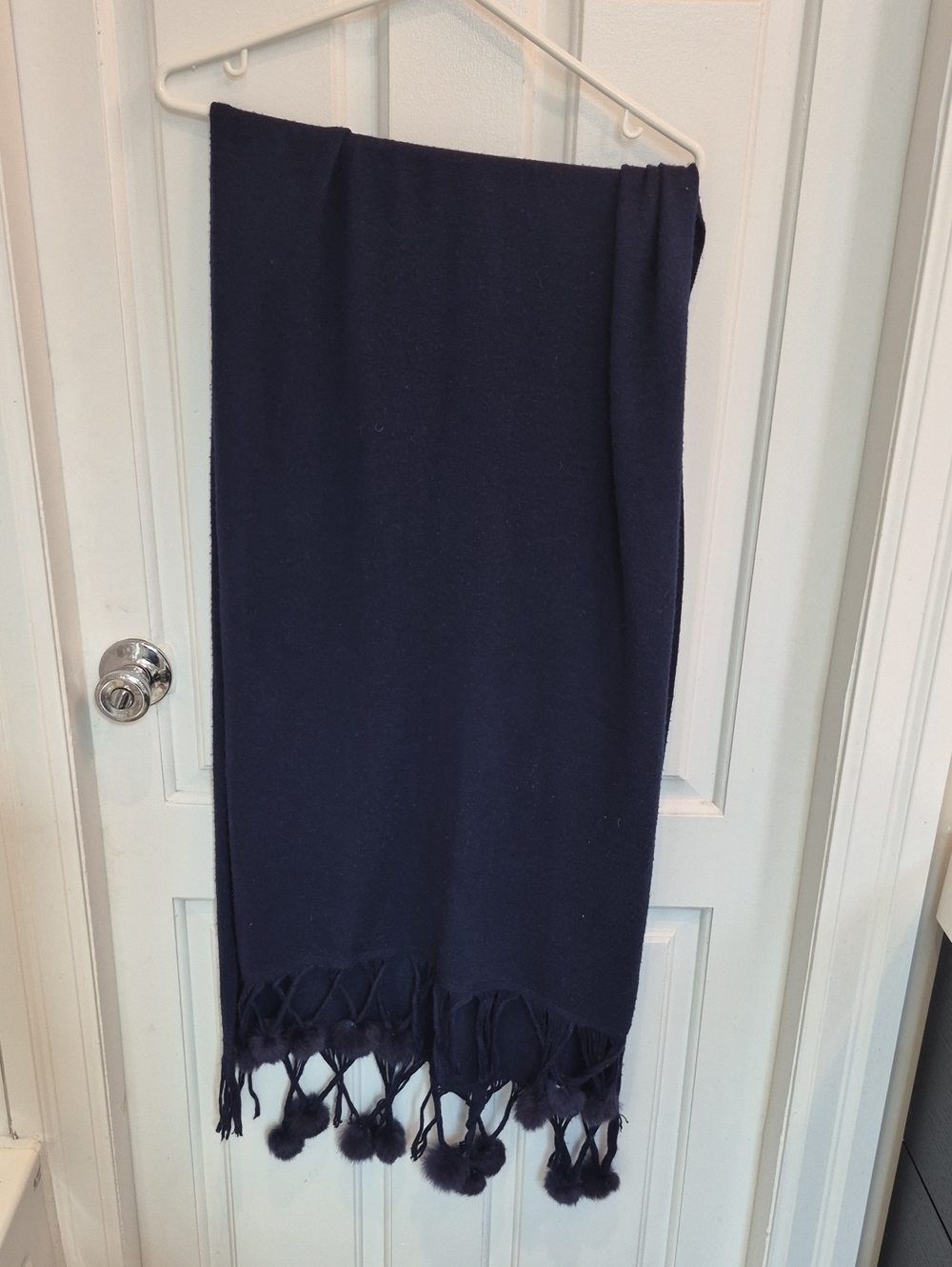 Navy Pom-Pom Fringe Scarf Wrap - Women’s Accessory
